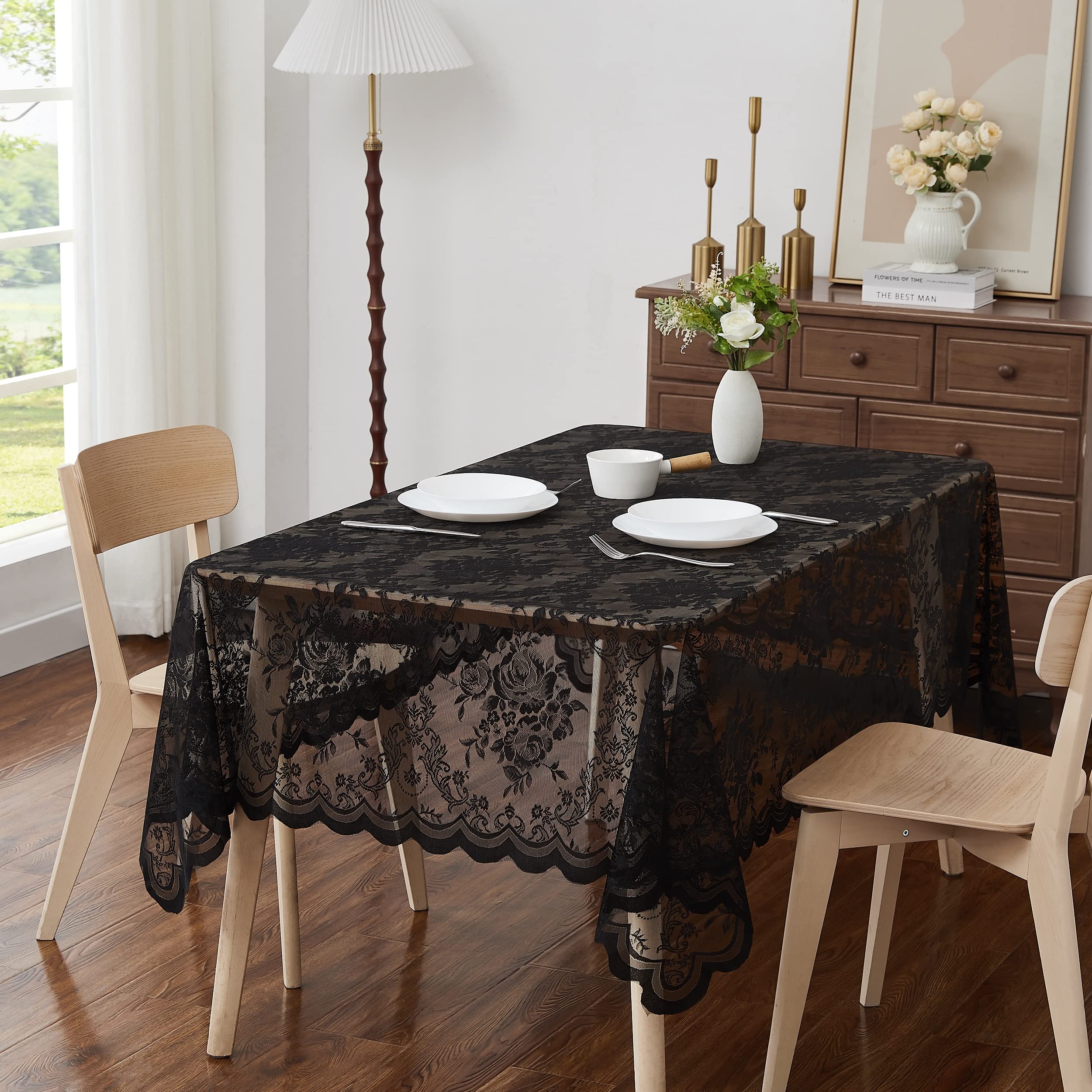 Amazon｜LinenZone 60 x 84 長方形ブラックレーステーブルクロス(Luna